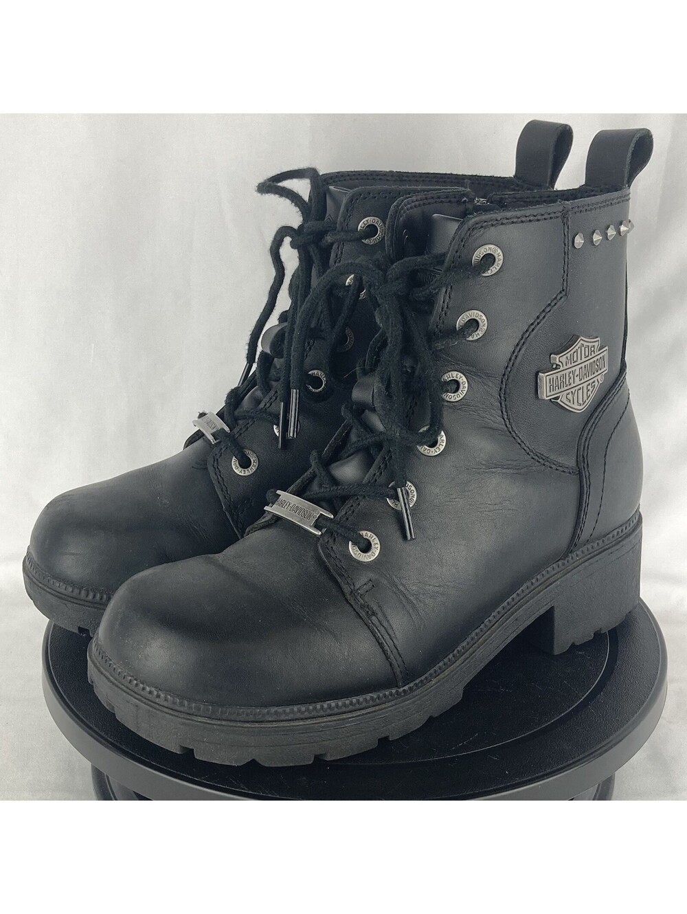 Women’s 7.5 Harley Davidson Boots Black Leather Studded Lace Up Side Zip Chunky